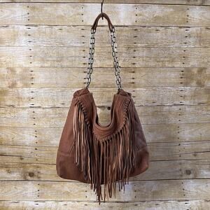 Susan Farber Leather Hobo Bag – Brown Fringed Hippie Purse – Chain Strap-Suede